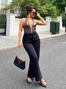 NegzBox Vintage Elegant Jacquard Pleated Wide-Leg Pants For Women, Autumn/Winter - Black - View 1