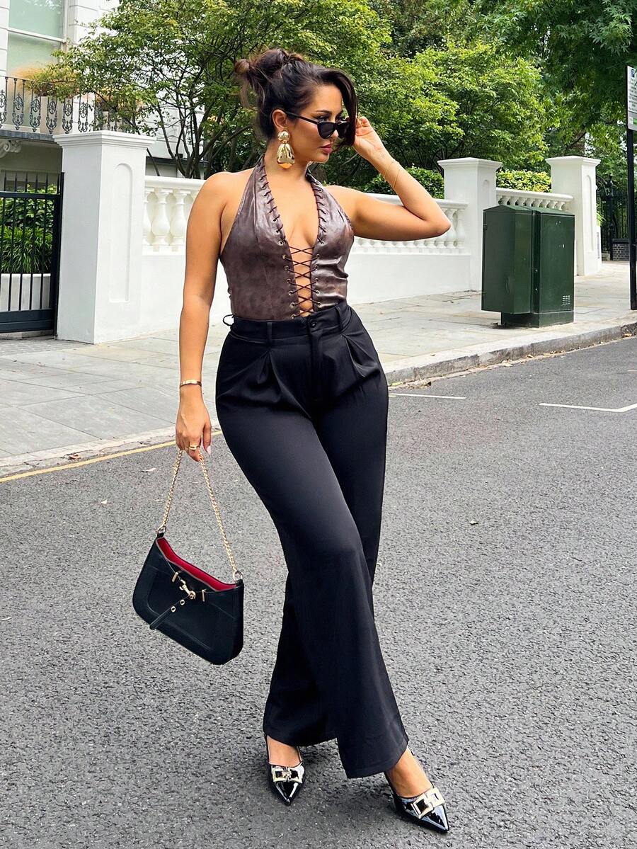 NegzBox Vintage Elegant Jacquard Pleated Wide-Leg Pants For Women, Autumn/Winter - Black - View 1