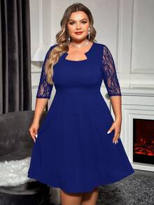 SHEIN Clasi Plus Size Solid Color Mid-Sleeve Lace Patchwork Keyhole Neck Ruffle Hem Elegant Dress - Royal Blue - View 4