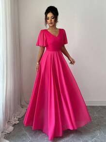 Selianne Ruffled Sleeve Waist Cinched V-Neck A-Line Minimalist Elegant Romantic Sophisticated Women Dress - Hot Pink - View 5