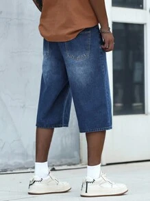 Manfinity Homme Quần short denim ống rộng Bermuda thoải mái cho nam có túi, quần baggy jorts cho nam, quần short denim ống rộng cho nam - Rửa tối - Xem 2