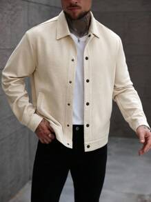 Manfinity CasualCool 男士长袖纯色单排扣休闲夹克，米色，秋季款 - 杏色 - 查看 5