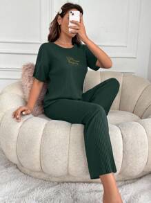 EURMUSE Women 2pcs Rib Knit With Lettered Short Sleeve Shirt&Pants Homewear Set - Green - View 3