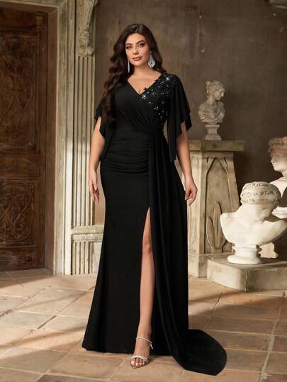 Aureia 加大码优雅简约黑色深 V 领荷叶边袖奢华贴花装饰高开叉美人鱼下摆侧褶正式晚礼服