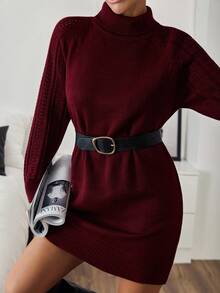 EURMUSE 深酒红色立领修身麻花袖针织毛衣裙 - 酒紅色 - 查看 1
