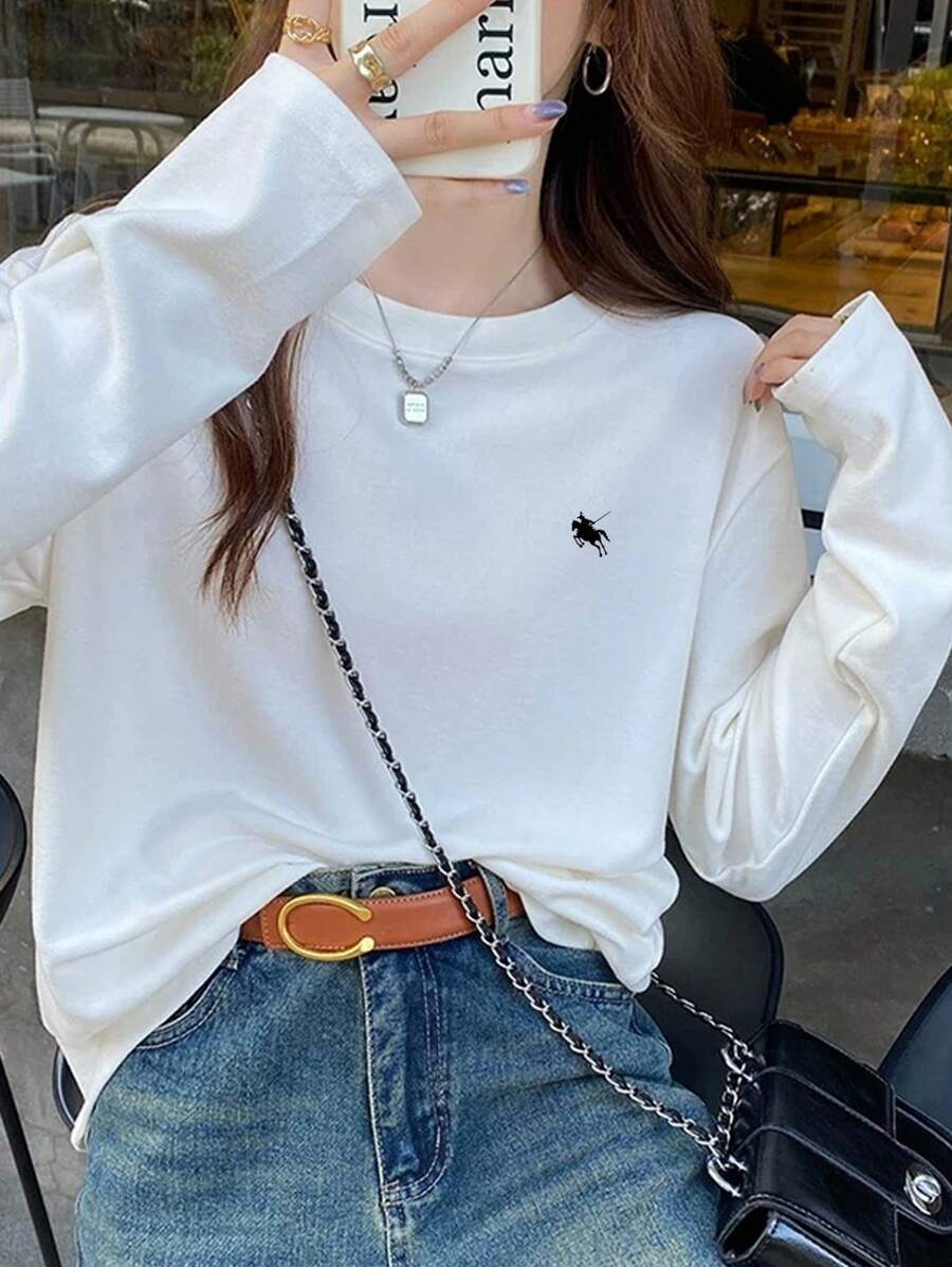 EMERY ROSE Women's Round Neck Solid Color Printed Casual Pullover, Women's Plus Size Long Sleeved T-Shirt, Suitable For Autumn Fall Cloth For Women - White - View 1