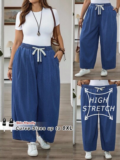 SHEIN CURVE+ Pantalones vaqueros casuales lavados de talle alto y cintura con cordón para mujer de talla grande, pantalones anchos y cómodos de pierna ancha, pantalones capri, pantalones holgados, para ir a trabajar, al aeropuerto, otoño, ropa de mujer de talla grande, pantalones básicos de vuelta al colegio, Halloween, maestros