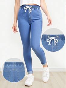 SHEIN 少女Y2K风格牛仔裤，秋冬新款，时尚休闲简约高弹面料，水洗牛仔蓝修身弹力抓绒面料，舒适日常休闲裤，卷边裤脚，抽绳腰带，修身弹力面料，舒适又时尚 - 中等水洗藍 - 查看 3