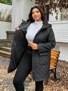 SHEIN EZwear 2025秋冬新款休闲连帽绗缝复合面料保暖可调节腰部长袖中长宽松大码加厚外套，适合外出、日常、聚会、约会等多种场合 - 黑色 - 查看 9