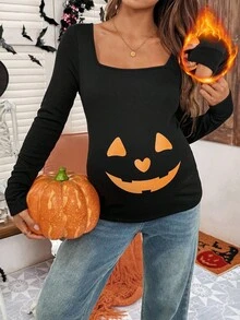 SHEIN Maternity Black Autumn Halloween Graphic Pumpkin Print Long Sleeve Crew Neck Casual Everyday T-Shirt,Jack O Lantern Pregnancy Costume Shirts For Women - Black - View 9