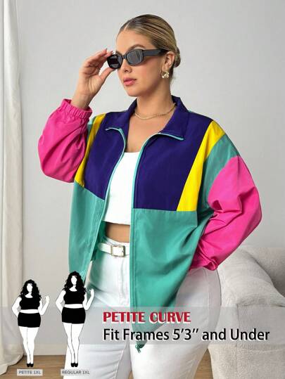 SHEIN PETITE CURVE Áo khoác Plus Colorblock có khóa kéo cho mùa xuân và mùa thu