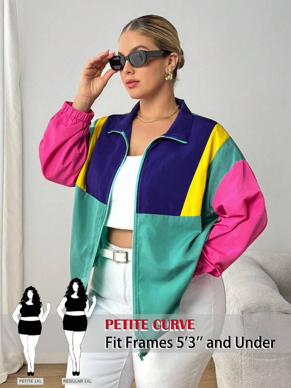 SHEIN PETITE CURVE Plus Colorblock Zip Up Jacket For Women,Autumn Gothic Hiking Windbreaker,Crop Retro Clothes For Spring & Fall,Pride Clothing Winter Jackets