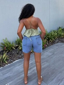 Alexandranx Damen Sommer Urlaub Floral Stickerei strukturierte Rüschen Saum Trägerhemd, Urlaubsoutfit Frau, Rückenfreie Bluse, Peplum Oberteil, süße Sommer Tops, Ausgeh Tops, Boho Damen Bekleidung, Europäischer Sommer - Grün - Übersicht 2
