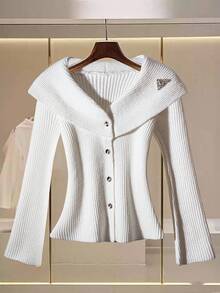 SHEIN LUNE Women's Long Sleeve Single-Breasted Fitted Fashionable Knitted Cardigan Fall Winter Cloth For Women - White - View 1