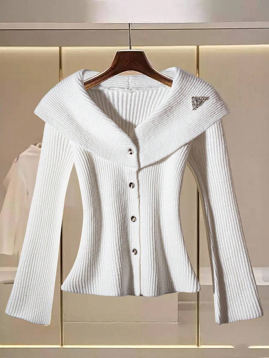 SHEIN LUNE Women's Long Sleeve Single-Breasted Fitted Fashionable Knitted Cardigan Fall Winter Cloth For Women - White - View 1