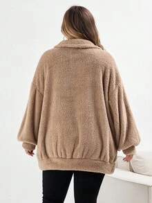 SHEIN CURVE+ 大码女式休闲时尚蓬松长袖运动衫 - 駝色 - 查看 2