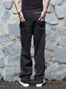 Manfinity EMRG 大码男士破洞骷髅印花宽松直筒牛仔裤，休闲老爹牛仔裤 - 黑色 - 查看 5