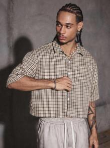 PAVTROS Manfinity Streetrush Men's Short Sleeve Boxy Silhouette Cut-Off Edge Woven Checkered Printed Button-Up Shirt Y2k Jacket Men Cropped Men's Shirt Men's Cropped Shirts Men Cropped Button Up Streetwear Men Shirts,Street Wear