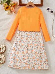 Set de vestido y cárdigan con estampado floral y volantes para niñas preadolescentes, 2 piezas - Naranja - Ver 2