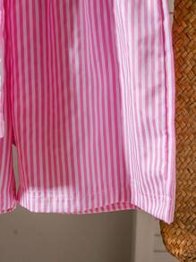 SHEIN 2 件套青少年女孩无袖编织条纹背心，带蝴蝶结装饰和松紧腰宽松短裤套装，夏季 - 粉色 - 查看 4