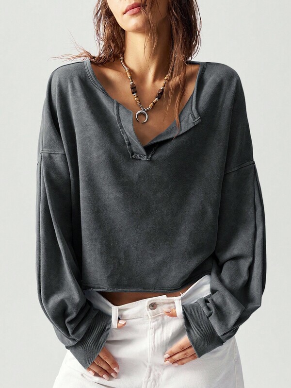 Bohemela Women's Casual Solid Color V-Neck Long Sleeve Loose Pullover Sweatshirt In Fall/Winter