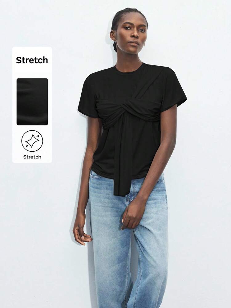 SHEIN Maija Damska, swobodna, jednokolorowa, skręcona koszulka z krótkim rękawem, romantyczna, modna, uniwersalna; odpowiednia na letnie wakacje, prosta, codzienna, w stylu rustykalnym, niezbędna, jednokolorowa, na święta, przyzwoita, dla singielek, idealna na wakacje, elegancka, modna, biznesowa