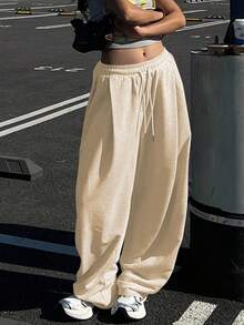 DAZY Women's Solid Color Loose Pleated Sweatpants, Casual Sports Pants, Thermal Lined, Thick For Autumn/Winter - Beige - View 7