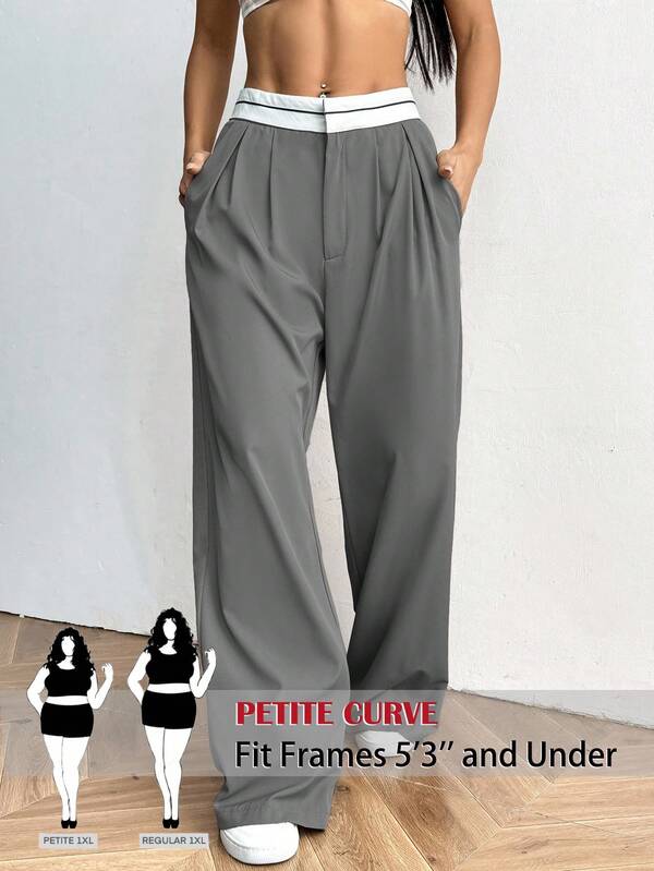 SHEIN PETITE CURVE 大码休闲通勤拼色腰带阔腿西装裤灰色裤子小曲线裤秋冬