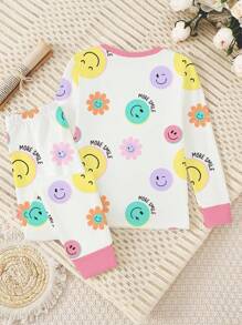 SHEIN Playful Pals 2件套少女可爱笑脸印花弹力针织长袖上衣和裤子睡衣套装，浅米色和粉色 - 彩色 - 查看 2