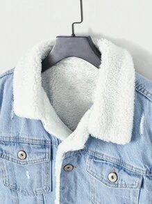 RueChic Cotton Men Borg Collar Flap Pocket Denim Jacket Without Tee - Blue - View 2