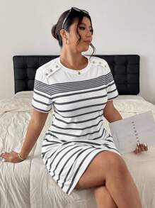 SHEIN Frenchy 大码夏季休闲拼色条纹连衣裙 - 深灰色 - 查看 1