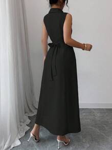 Elenzga 女士夏季优雅纯色无袖连衣裙 - 黑色 - 查看 2