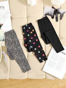 SHEIN Conjunto de 3 piezas de leggings estampados con leopardo y flores para niñas preadolescentes, negros y con estilo - Multicolor - Ver 1