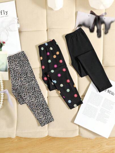 SHEIN Conjunto de 3 piezas de leggings estampados con leopardo y flores para niñas preadolescentes, negros y con estilo