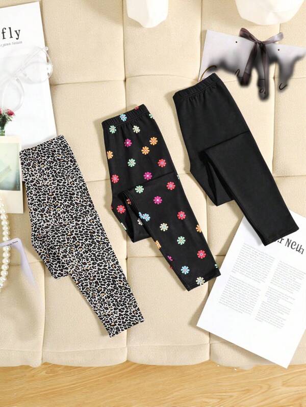 SHEIN Conjunto de 3 piezas de leggings estampados con leopardo y flores para niñas preadolescentes, negros y con estilo