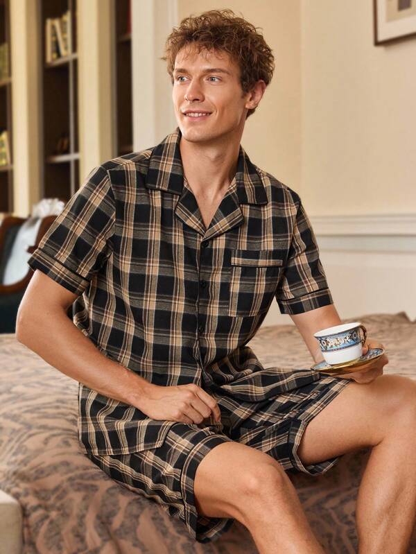 EverLounge Men's Plaid Lapel NeckShort Sleeve Top And Shorts Pajama Set