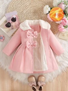 SHEIN 女婴毛领蝴蝶结装饰风衣，秋冬 - 淺粉色 - 查看 4