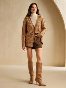 Anewsta 女士时尚蜜蜂水钻装饰长袖针织开衫，秋冬款 - 卡其色 - 查看 5