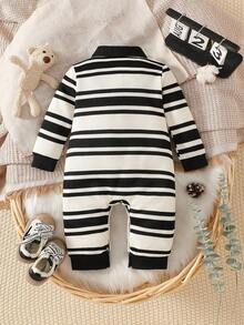 SHEIN 男宝宝休闲条纹翻领连体裤，适合秋冬季外出 - 彩色 - 查看 2