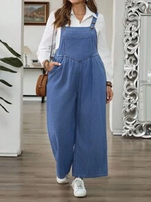 SHEIN CURVE+ 大码女式褶皱阔腿宽松休闲牛仔连体裤 - 藍色 - 查看 6