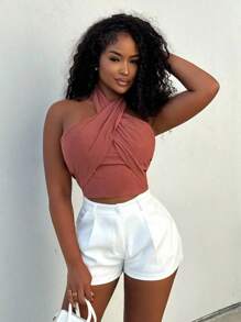 Alexandranx 女士纯色短款交叉吊带上衣 - 鏽棕色 - 查看 1