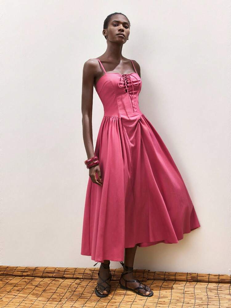 SHEIN Maija Women's Elegant Hot Pink Woven Fabric Maxi Dress With Spaghetti Straps And Lace-Up Detail