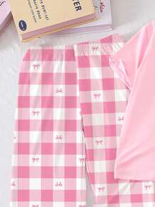 SHEIN Tween Girls Pajamas 2-Piece Set, Korean Style Minimalist Pink Bow Top And Classic Pink & White Plaid Bow Pants, Fashionable Elegant Short Sleeve Long Pants Sleepwear, Back To School Pink Pajama Set