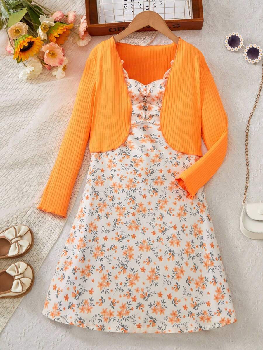 Set de vestido y cárdigan con estampado floral y volantes para niñas preadolescentes, 2 piezas - Naranja - Ver 1