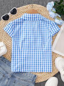 قميص كارديجان أنيق بياقة عالية وأكمام قصيرة مخطط باللون الأزرق للبنات