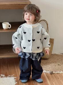 DAZY Baby Girls' Round Neck All-Over Heart Print Cute Long Sleeve Cardigan Fall/Winter - White - View 5
