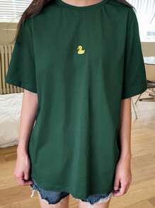 DAZY 鸭子刺绣落肩T恤夏季超大T恤 - 墨綠色 - 查看 4