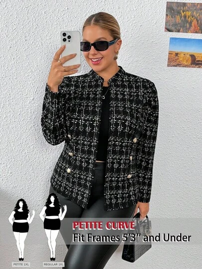 SHEIN PETITE CURVE 大码女式金属扣装饰仿粗花呢面料夹克，优雅日常穿着和商务休闲夹克，适合秋冬女士服装