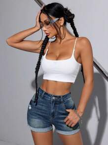 SHEIN EZwear Women's Casual Distressed Ripped Denim Shorts, Summer - Dark Wash - View 5