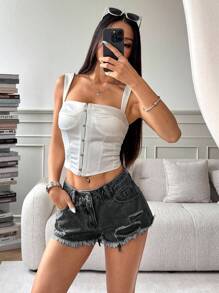 SHEIN PETITE 夏季休闲水洗做旧磨边牛仔短裤 - 灰色 - 查看 5